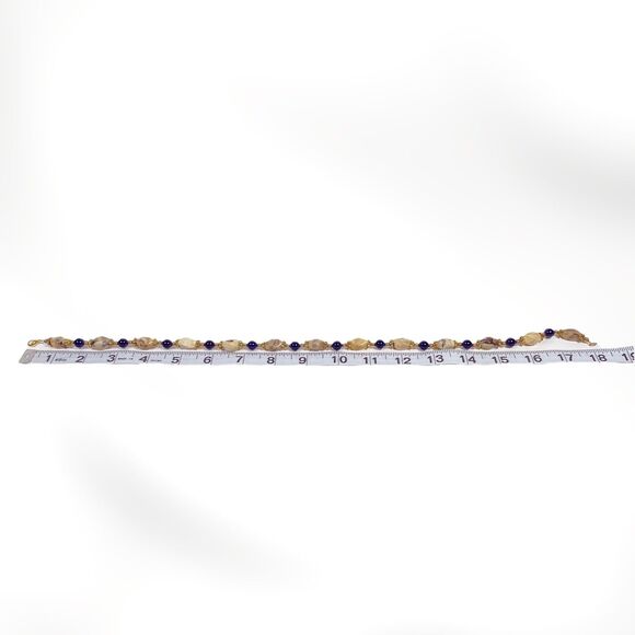 Handmade Beaded Necklace Beige Agate Stone Gold Tone Blue Beads Artisan Jewelry - Picture 5 of 8